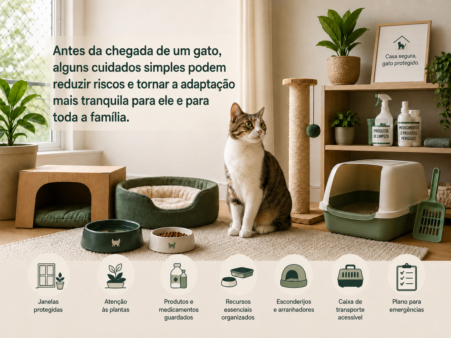 Ambiente doméstico organizado e preparado para receber um gato