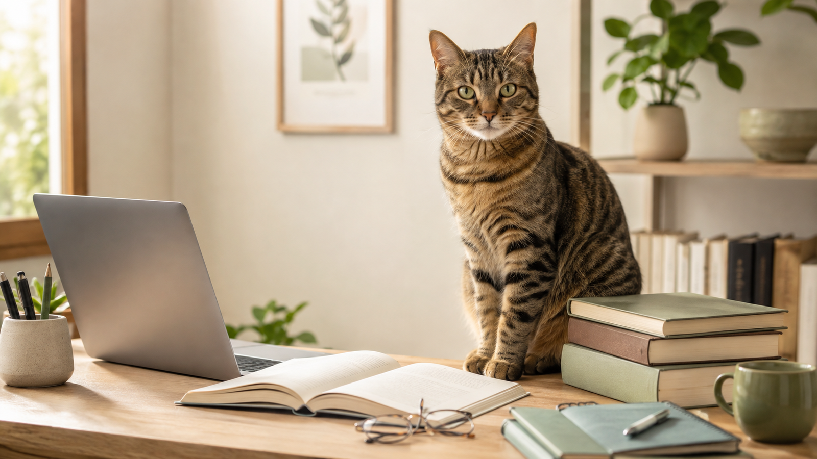 Gato sobre uma mesa com livros, computador e materiais de estudo