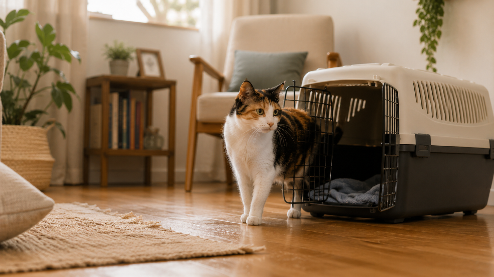 Gata tricolor saindo voluntariamente da caixa de transporte em uma sala tranquila