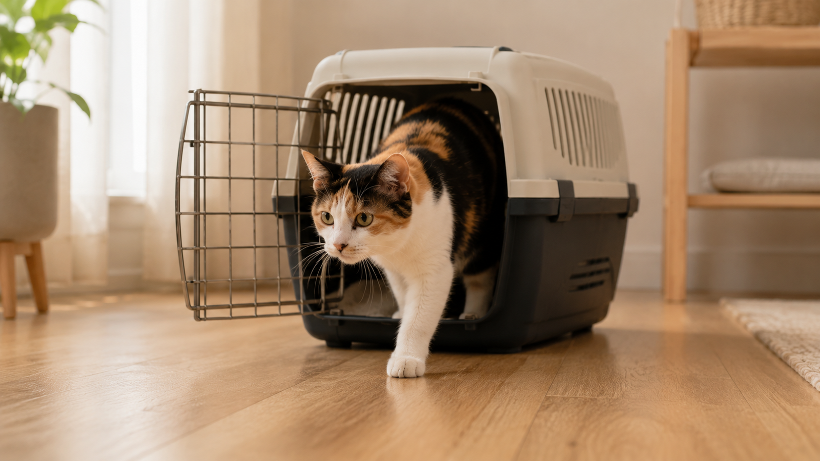 Gata tricolor saindo por conta própria de uma caixa de transporte aberta