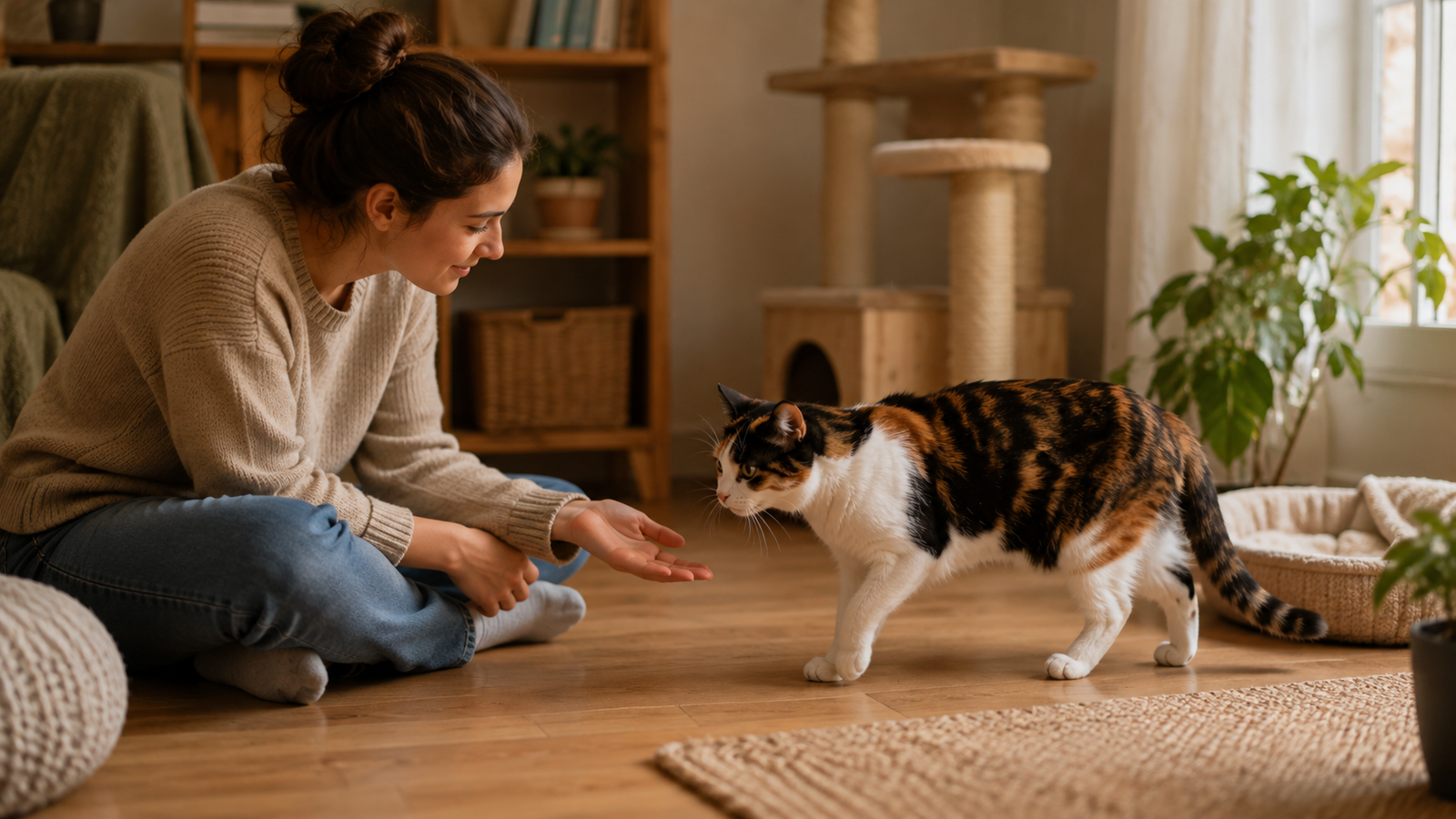 Mulher sentada no chão permitindo que uma gata tricolor se aproxime voluntariamente