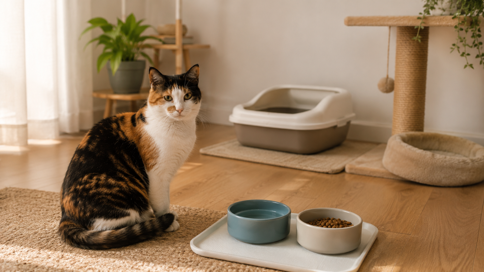 Gata tricolor próxima a recipientes de água e alimento, com caixa de areia e arranhador ao fundo