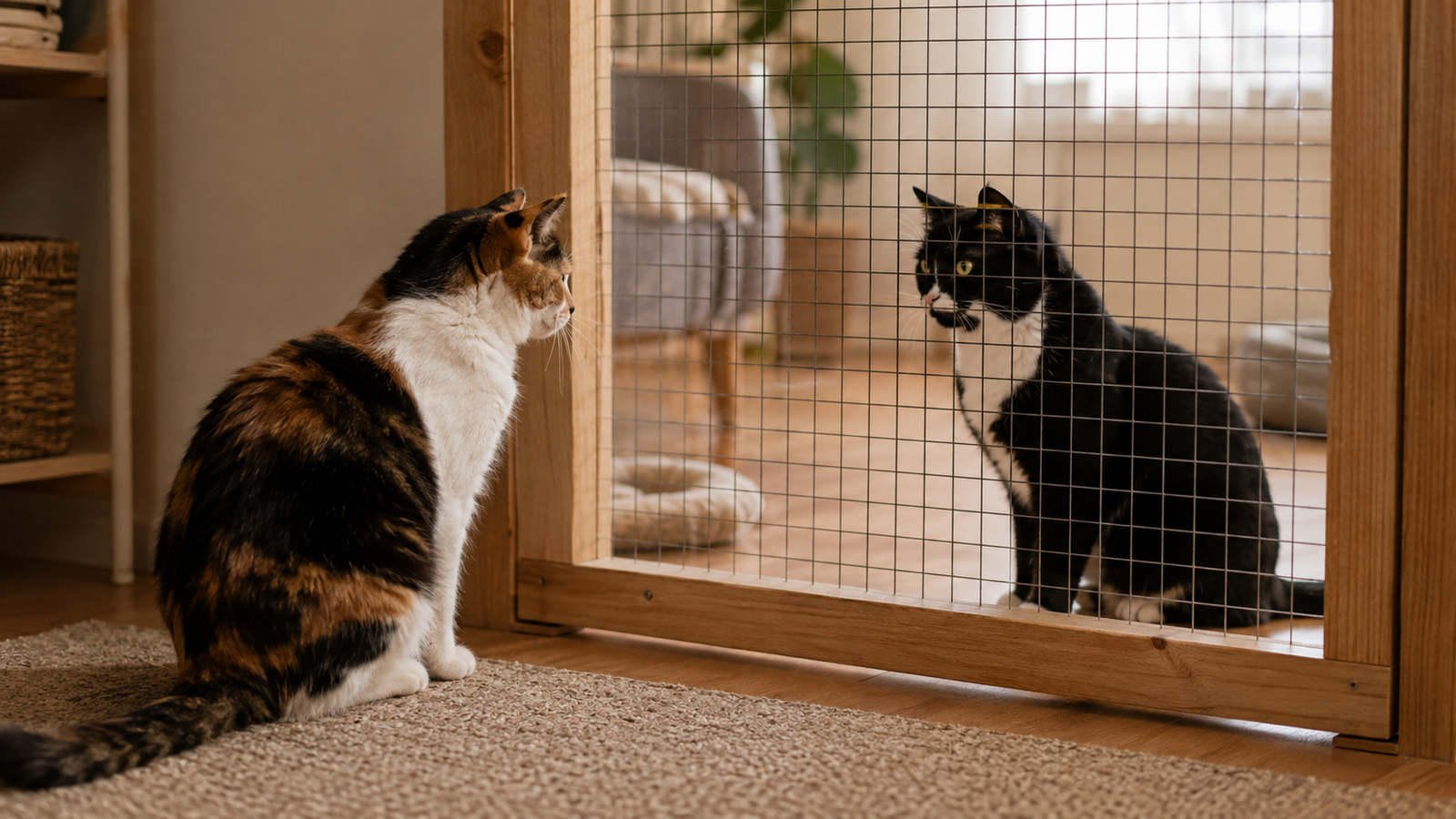 Duas gatas observando uma à outra através de uma barreira de tela segura