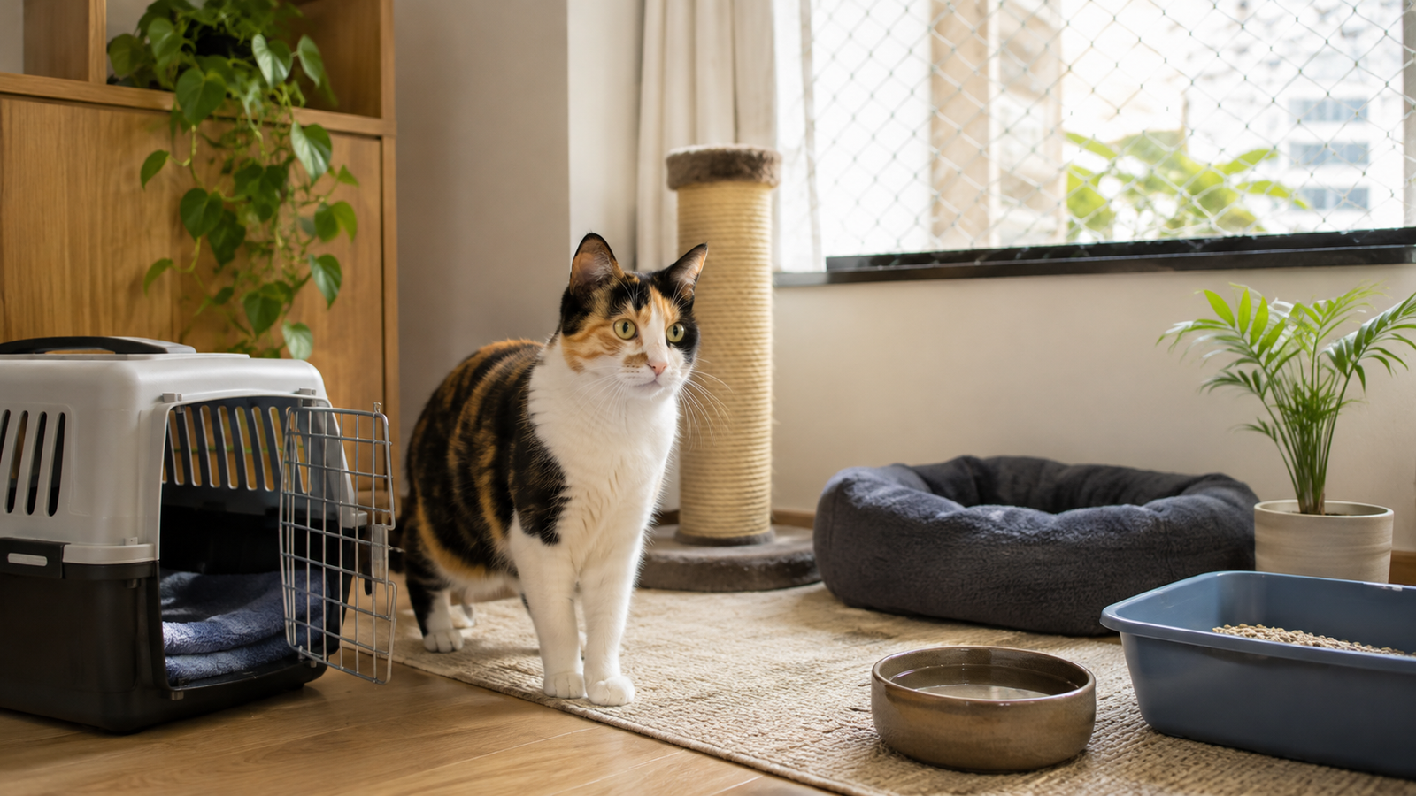 Gato recém-adotado conhecendo um ambiente doméstico tranquilo