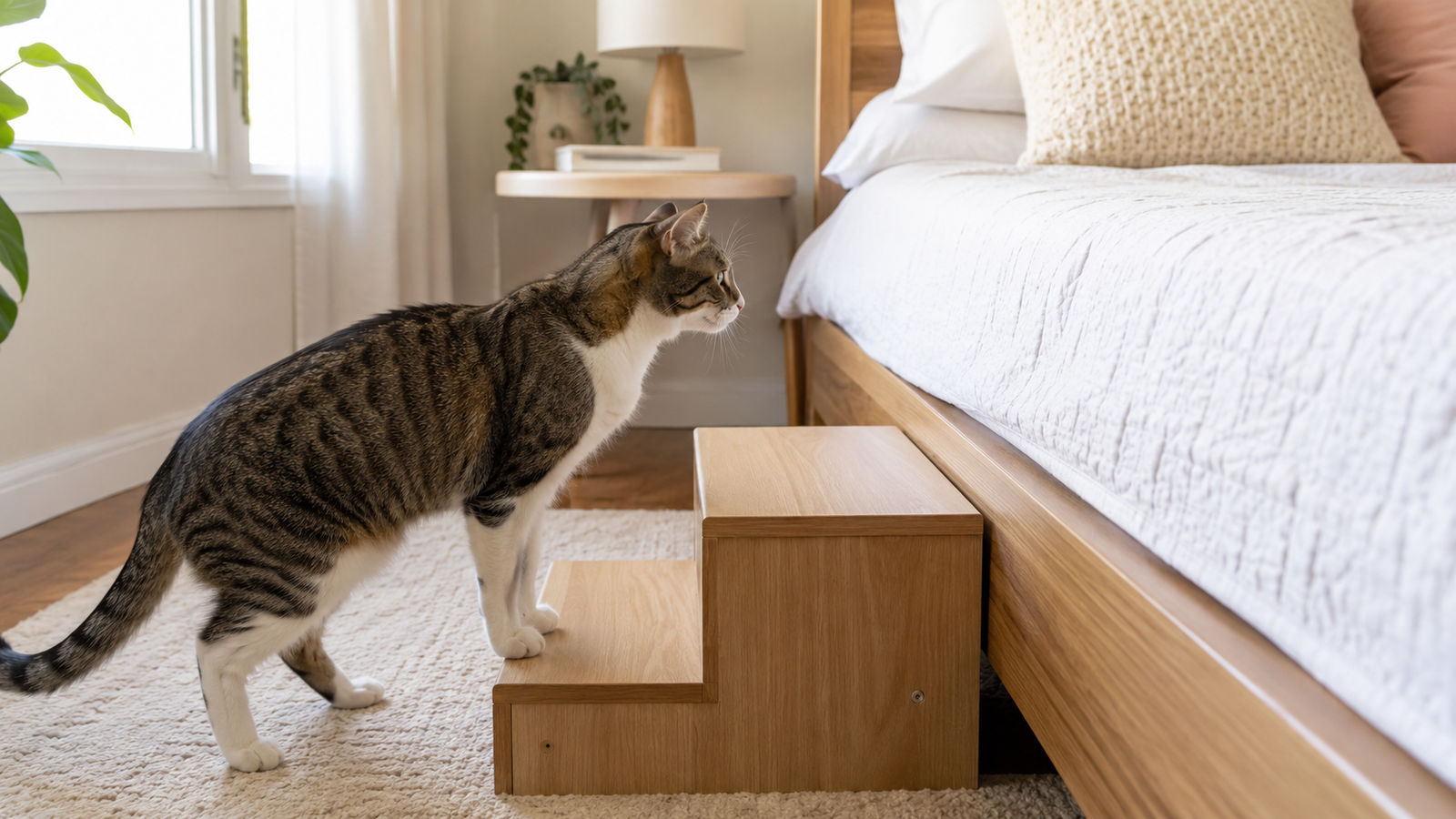 Gato observando a cama e utilizando degraus intermediários antes de subir
