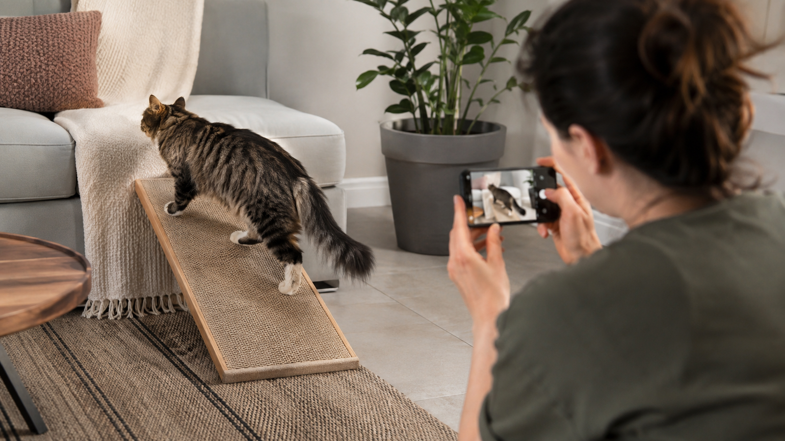 Pessoa gravando com o celular um gato subindo espontaneamente por uma rampa