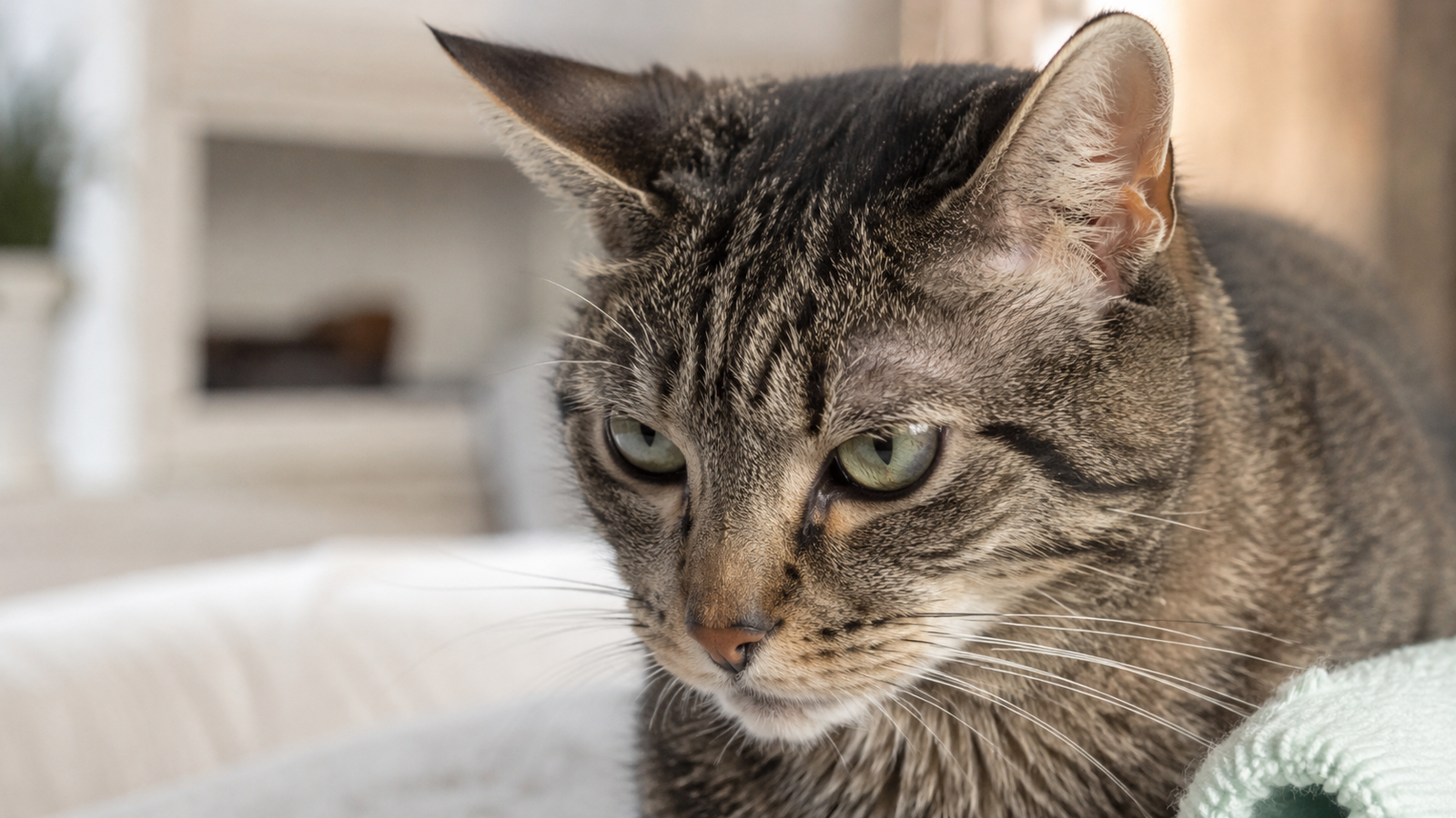 Close naturalista do rosto de um gato em postura mais retraída, sem sobreposição de pontuações