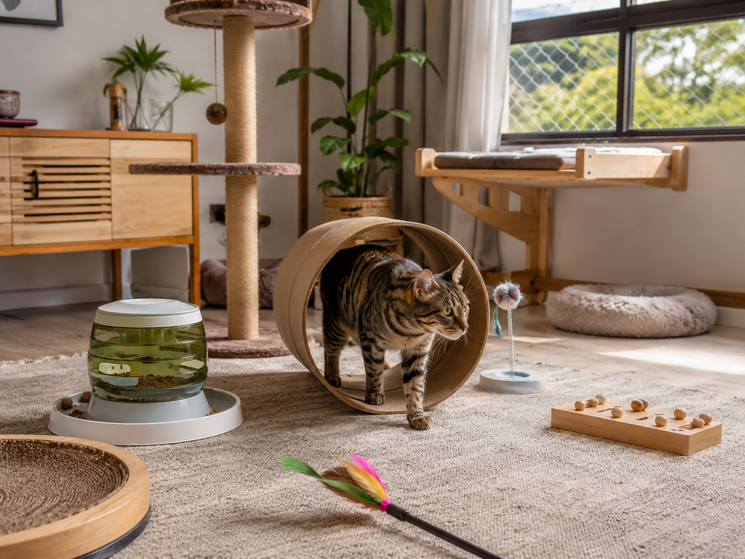 Gato explorando ambiente doméstico com túnel, brinquedos, arranhador e janela protegida