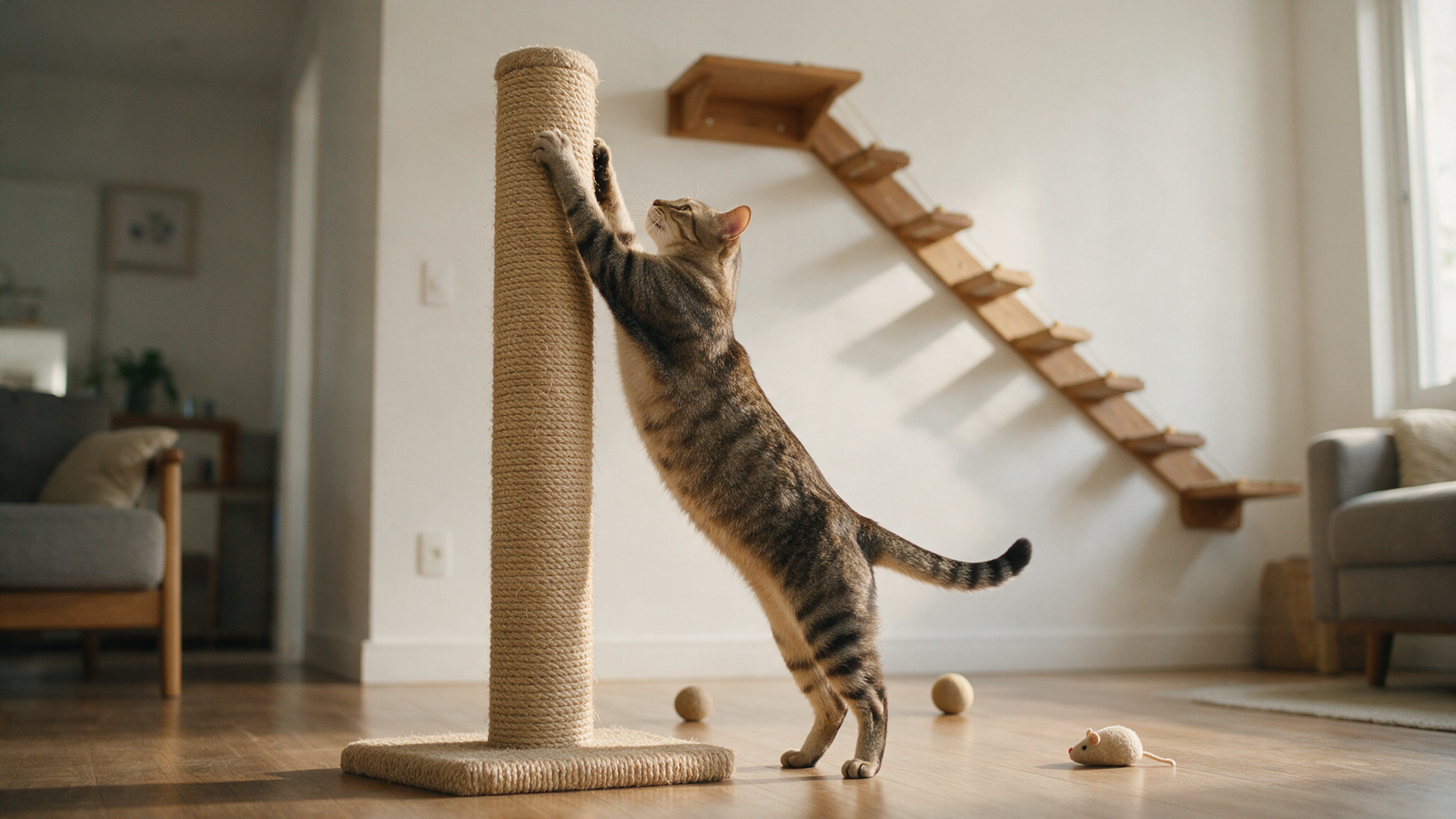Gato utilizando arranhador alto e estável com brinquedos seguros ao redor, em ambiente doméstico organizado