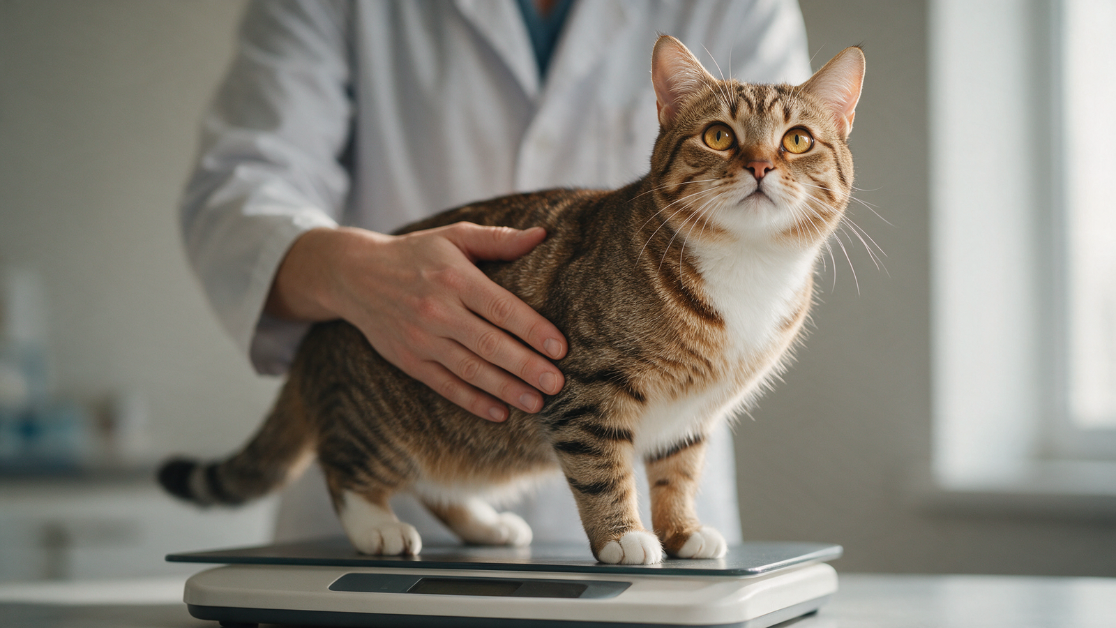 Adult cat being weighed and assessed for body condition during a veterinary check-up