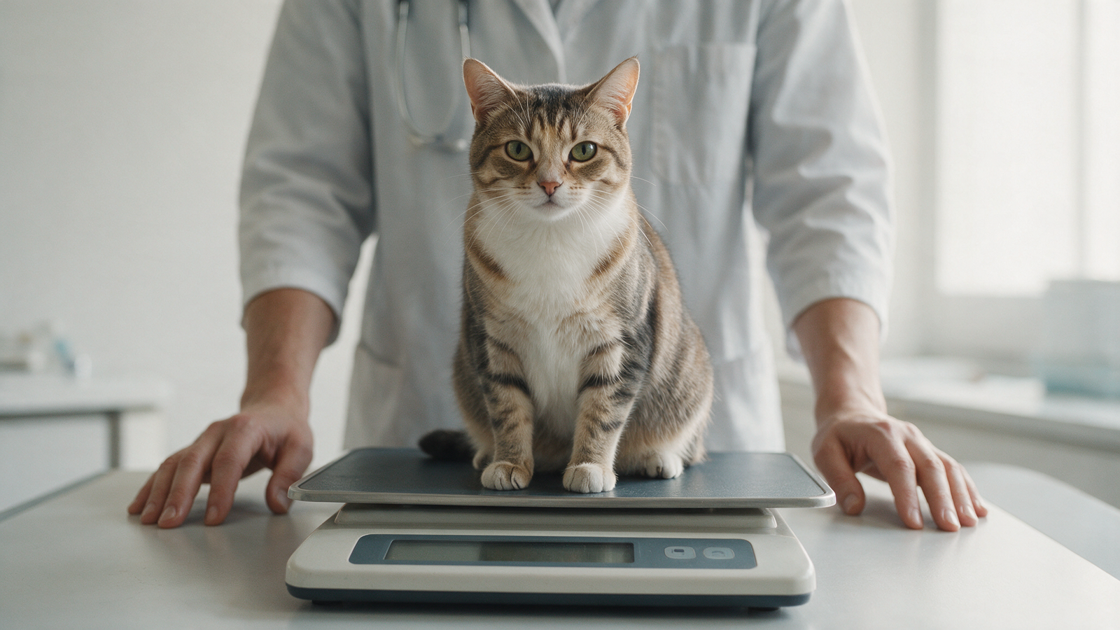 Gato adulto sendo pesado ou avaliado de forma tranquila em consulta veterinária, com foco em acompanhamento nutricional