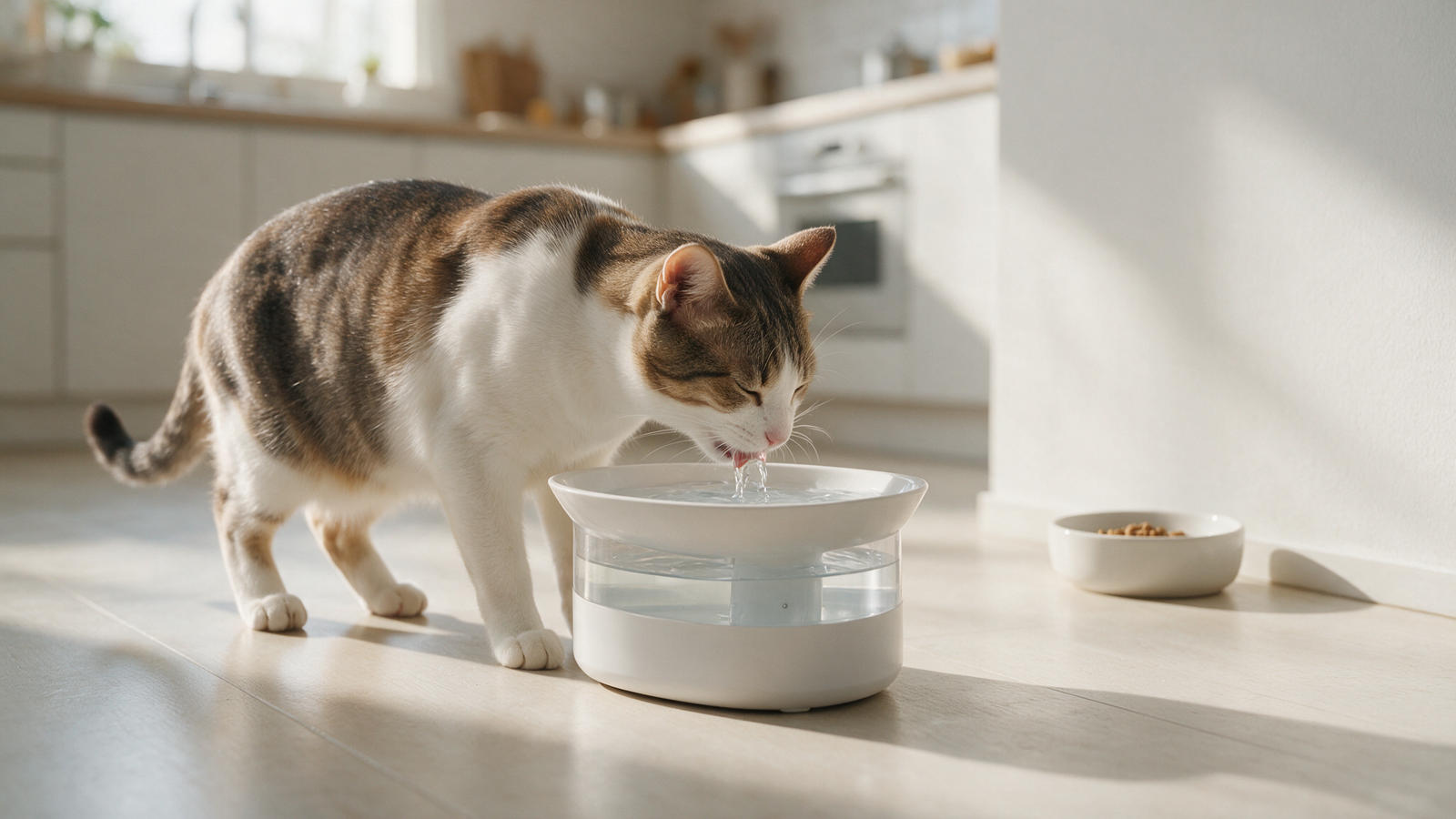 Gato bebendo em fonte de água fácil de limpar, com recipiente de alimento separado e longe da caixa de areia