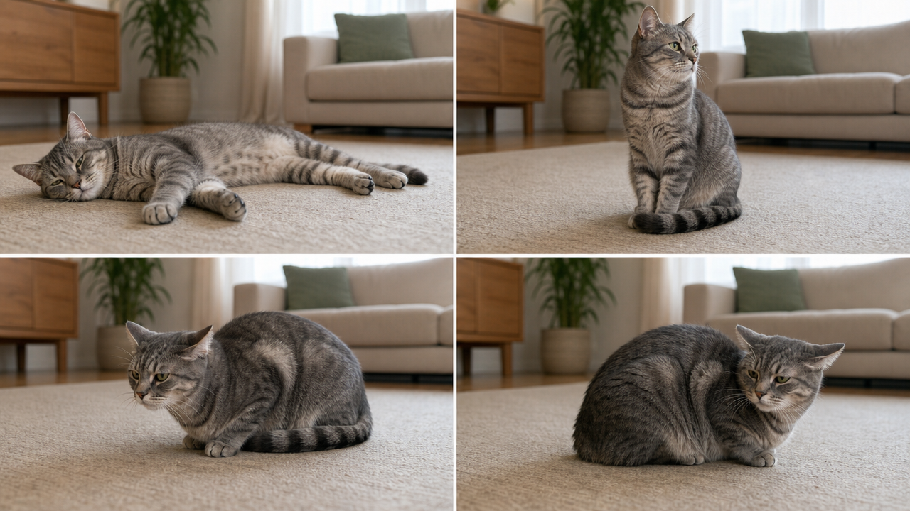 Sequência educativa com diferentes posturas de um gato demonstrando relaxamento, atenção, insegurança e desconforto