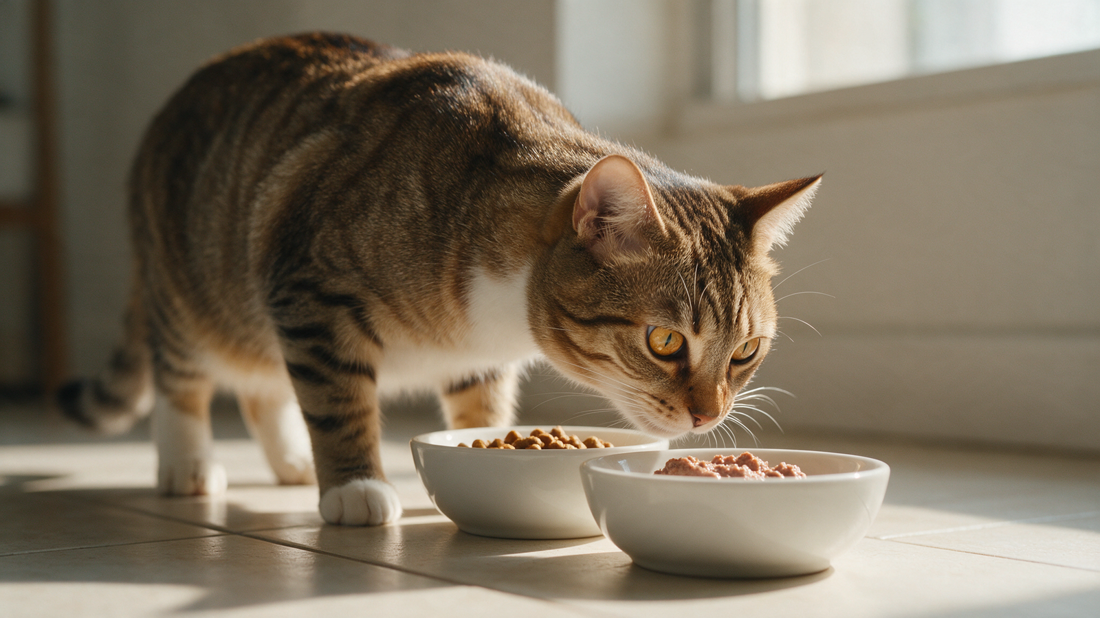 Cat near appropriate portions of dry food and wet food, presented in separate containers