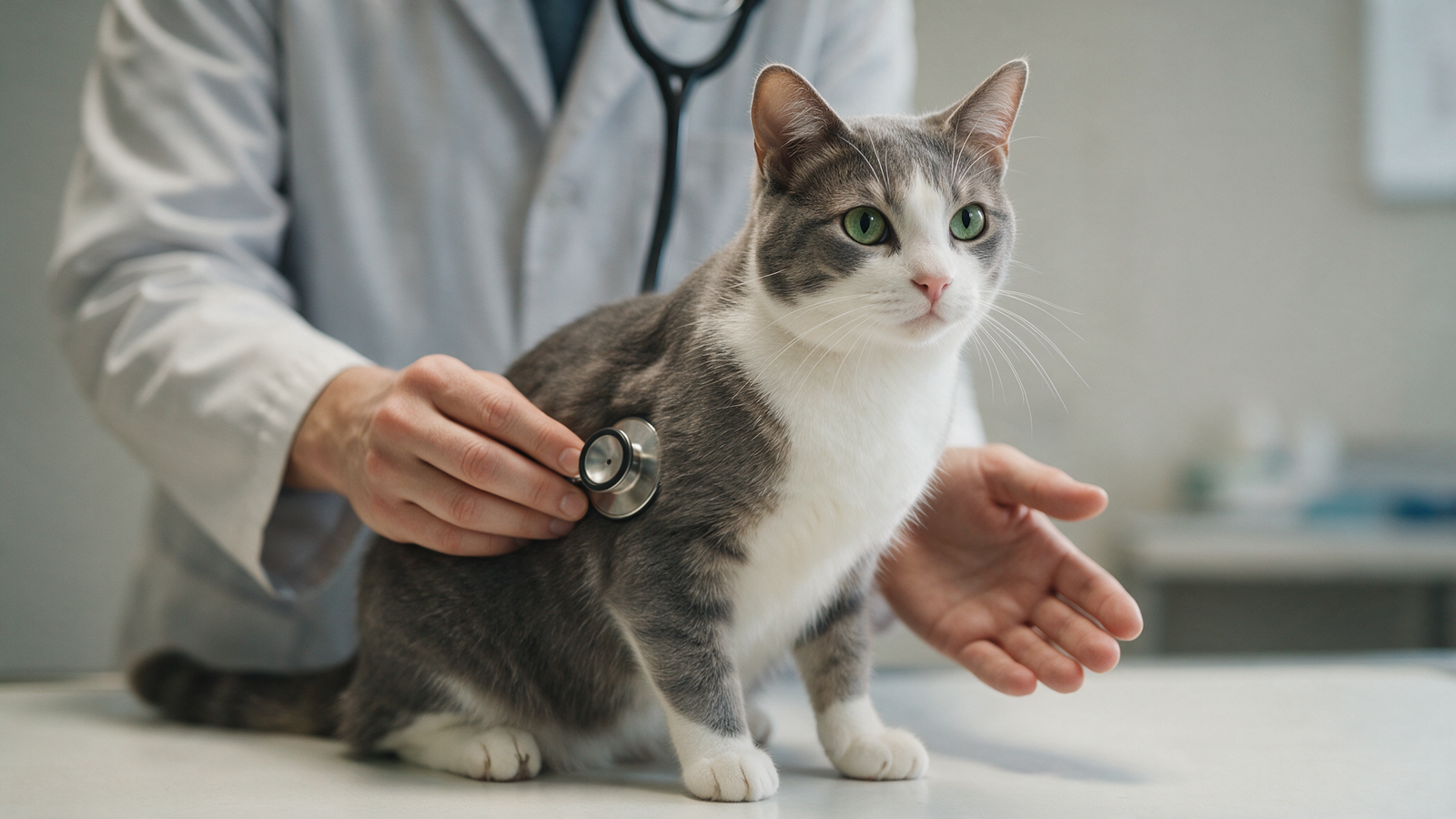 Médico-veterinário examinando um gato com manejo calmo durante a primeira consulta