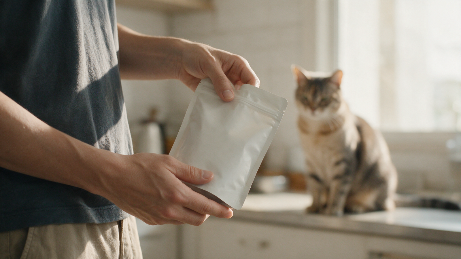 Pessoa lendo cuidadosamente o rótulo de um alimento para gatos enquanto o gato permanece próximo, em ambiente doméstico