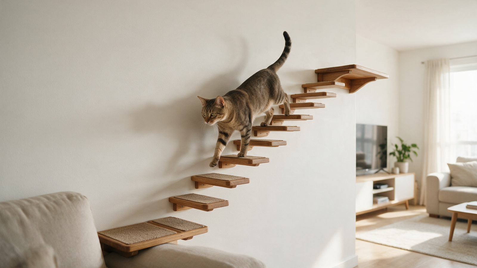 Gato utilizando prateleiras e plataformas verticais bem fixadas, com rota segura de subida e descida