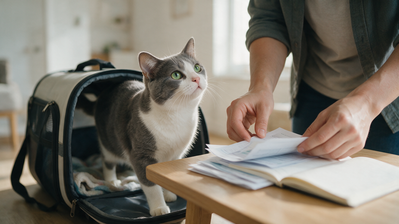 Tutor organizando carteira de vacinação, anotações e caixa de transporte antes da primeira consulta veterinária do gato