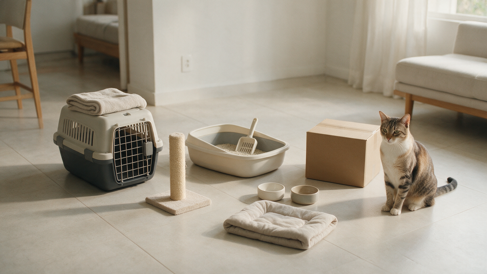 Conjunto essencial para um gato recém-chegado com caixa de transporte, arranhador, caixa de areia, recipientes e local de descanso