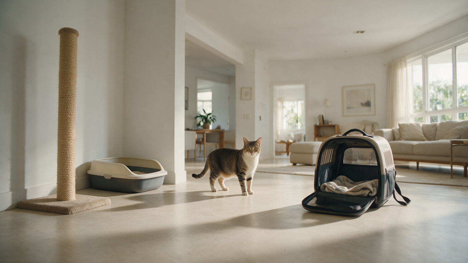Gato em ambiente doméstico com caixa de areia ampla, arranhador estável e caixa de transporte adequada