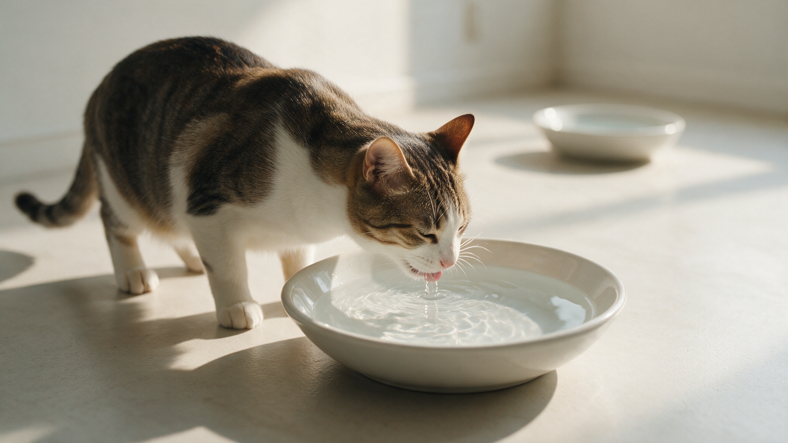 Gato bebendo água em recipiente largo e limpo, com outro ponto de água visível ao fundo e longe da caixa de areia