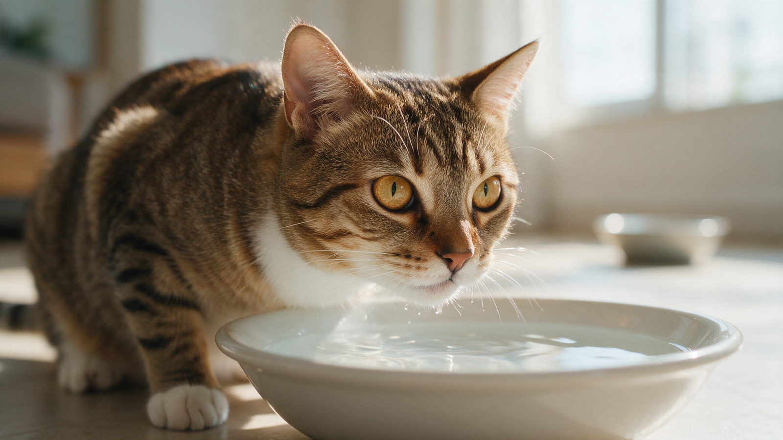 Cat drinking water from a wide container, with a second hydration station provided elsewhere in the house