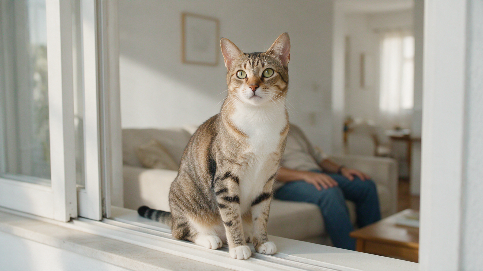 Tutor observando um gato em ambiente doméstico tranquilo