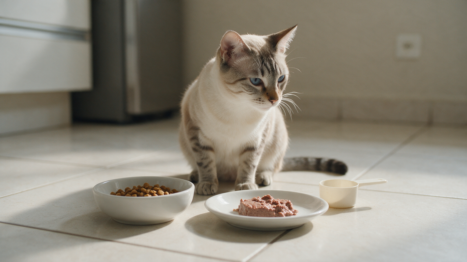 Gato jovem diante de porções adequadas de alimento seco e úmido em recipientes separados, em ambiente doméstico seguro