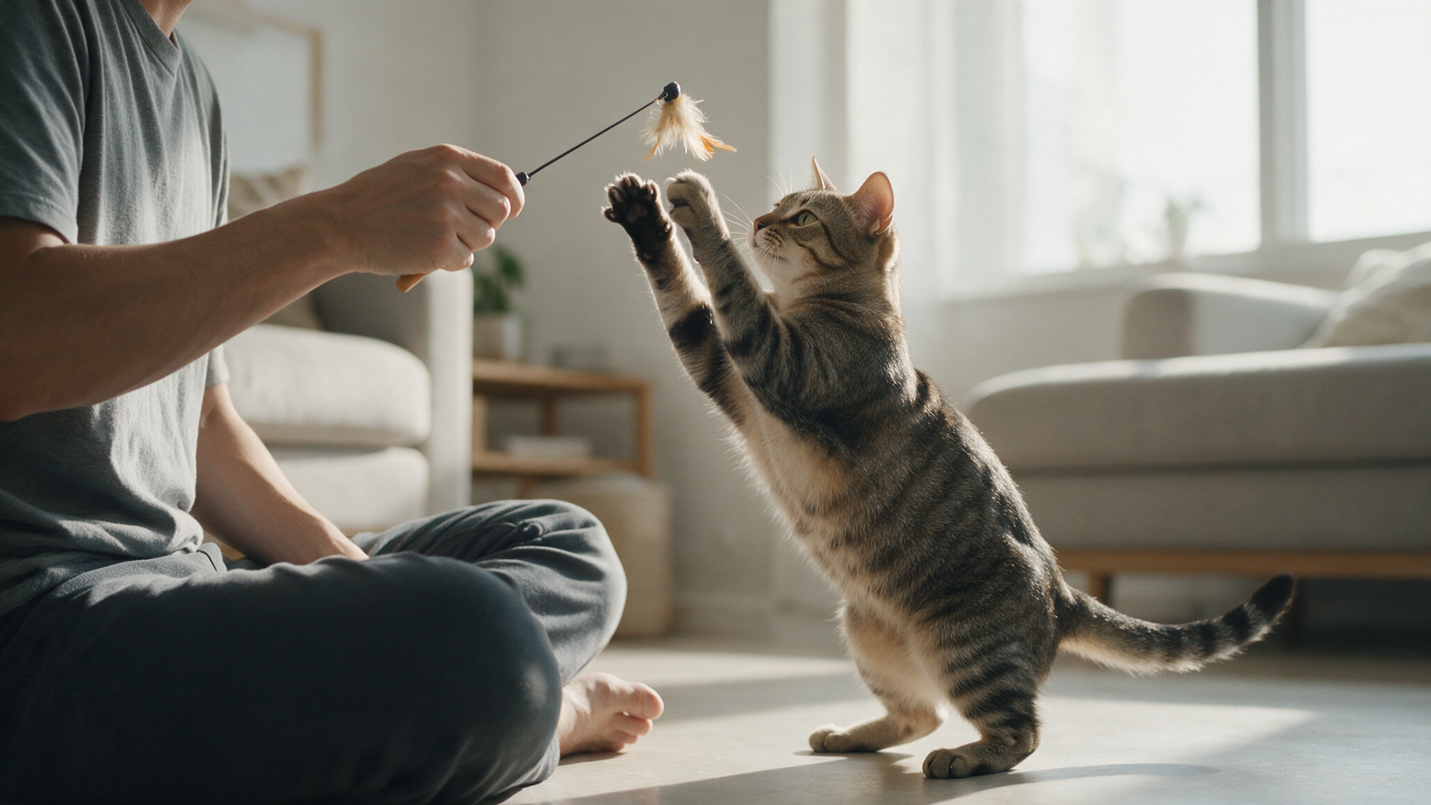 Gato participando de brincadeira interativa com varinha conduzida por uma pessoa, em ambiente doméstico seguro