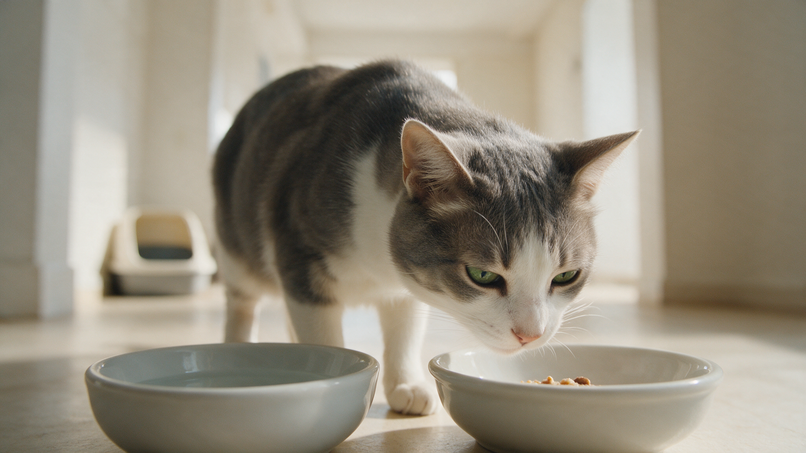 Gato em ambiente doméstico próximo aos potes de água e alimento e à caixa de areia organizada