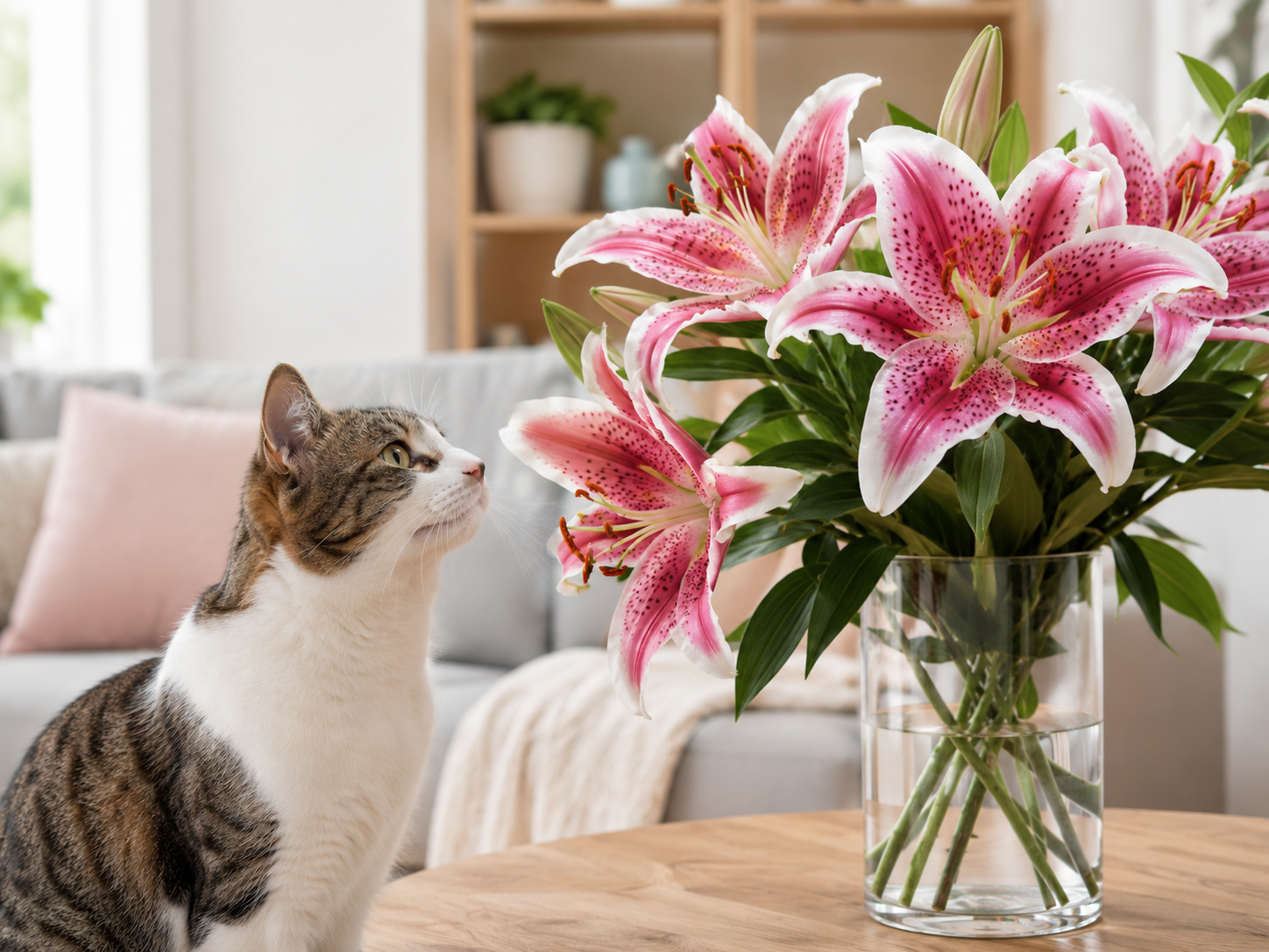 Gato próximo a um vaso com lírios, plantas altamente perigosas para gatos