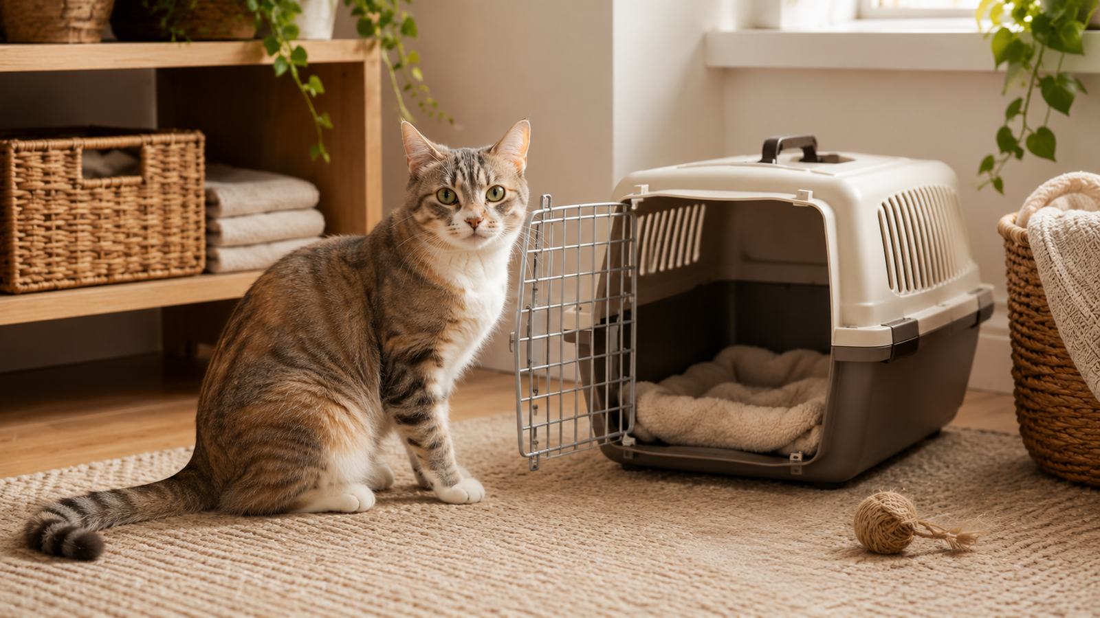 Gato confortável próximo a caixa de transporte em casa