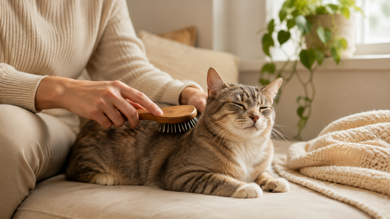 Tutor escovando um gato de forma tranquila e gentil