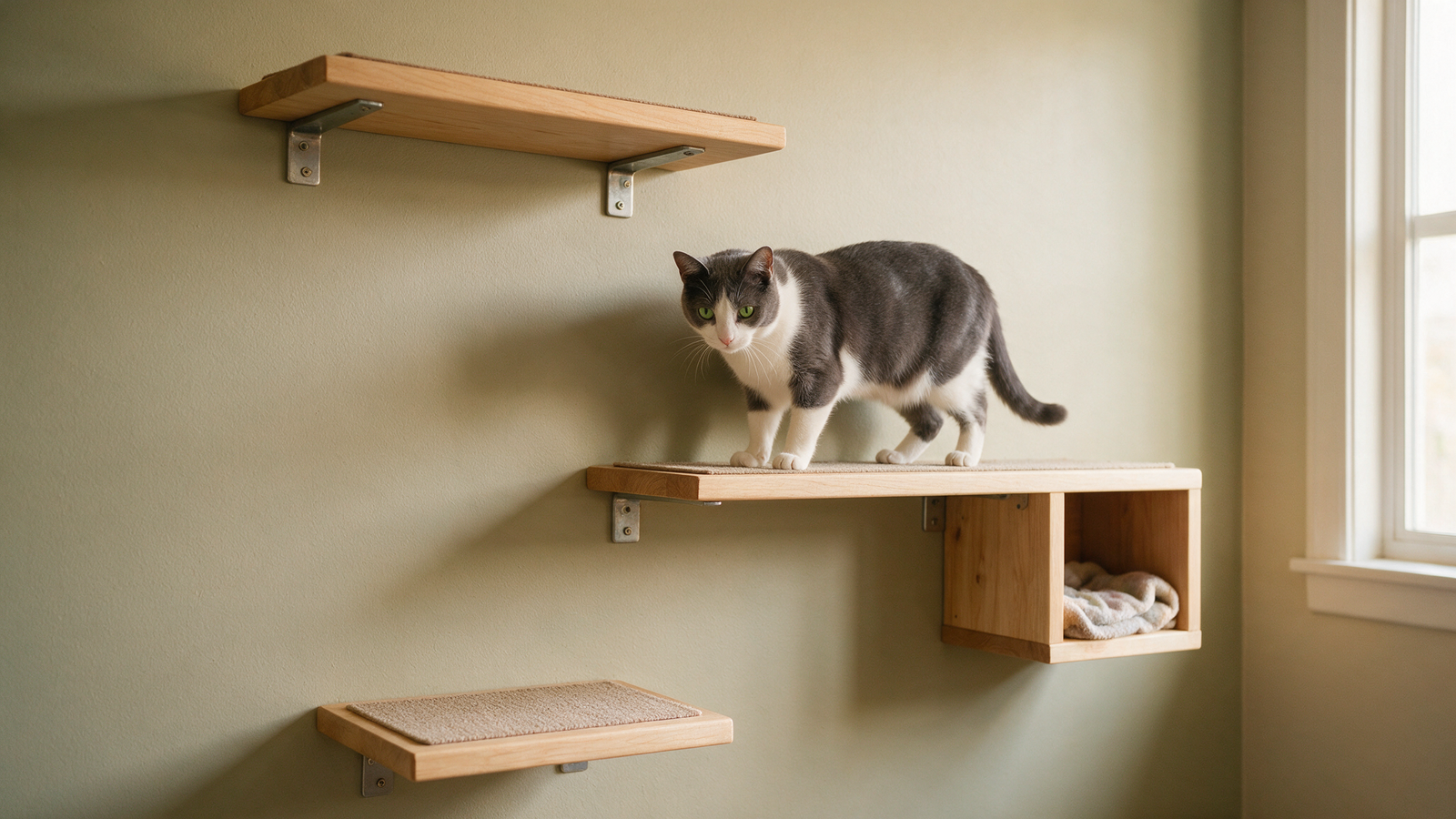 Gato utilizando uma rota vertical segura com prateleiras firmes, esconderijo e locais de descanso em uma casa comum