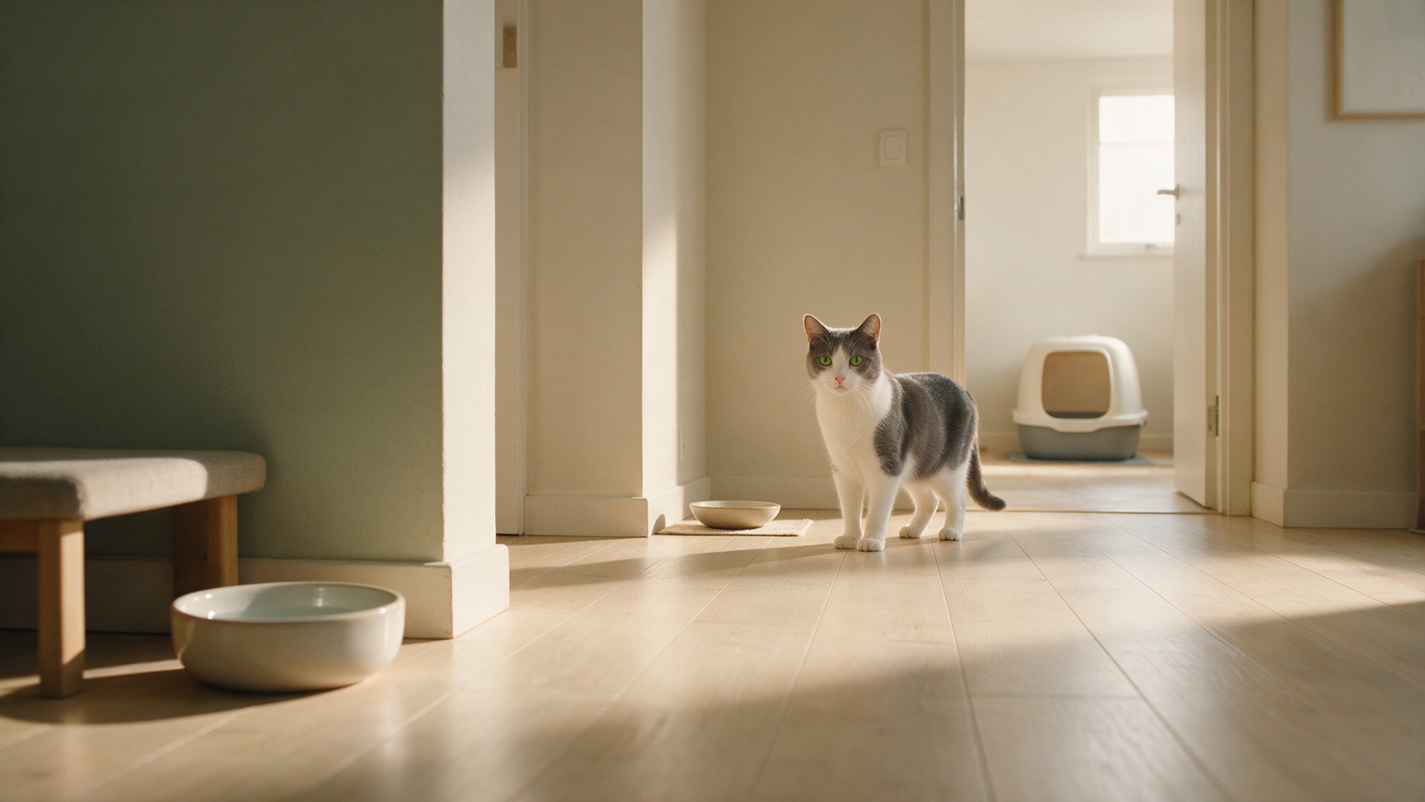 Casa com recursos felinos distribuídos em diferentes pontos, incluindo água, alimento, caixa de areia, descanso e arranhador