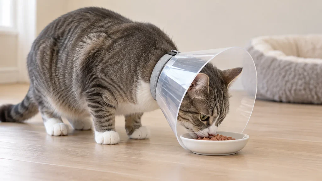 Gato tigrado cinza e branco usando colar elizabetano transparente enquanto come em uma tigela baixa