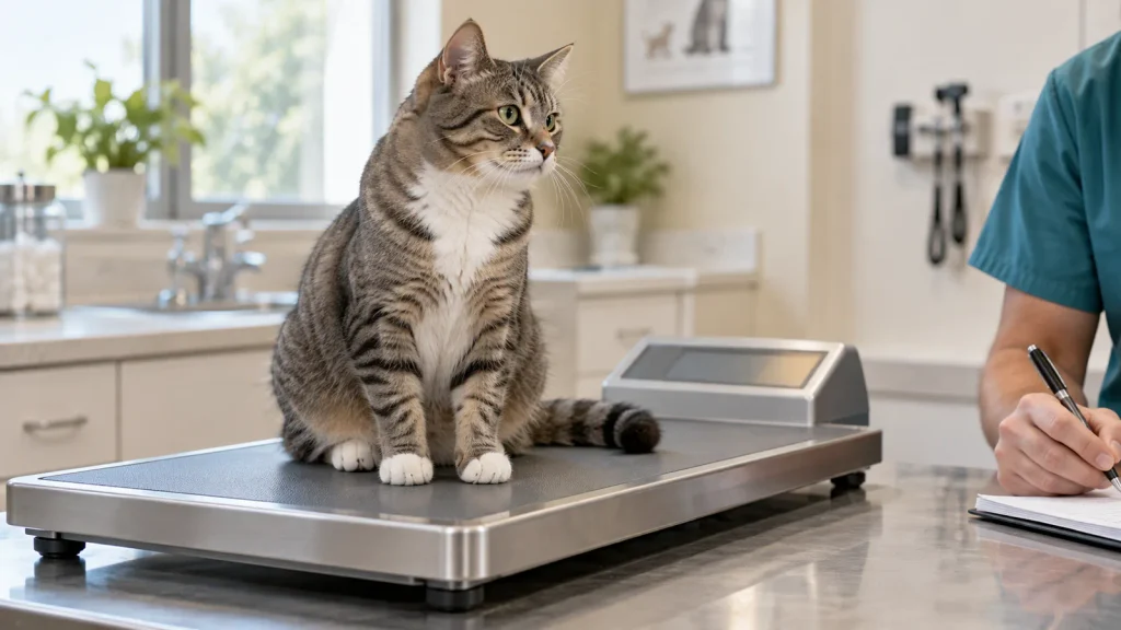 Gato tigrado cinza com peito e patas brancas sentado em uma balança veterinária de plataforma larga, enquanto uma pessoa de roupa clínica anota informações