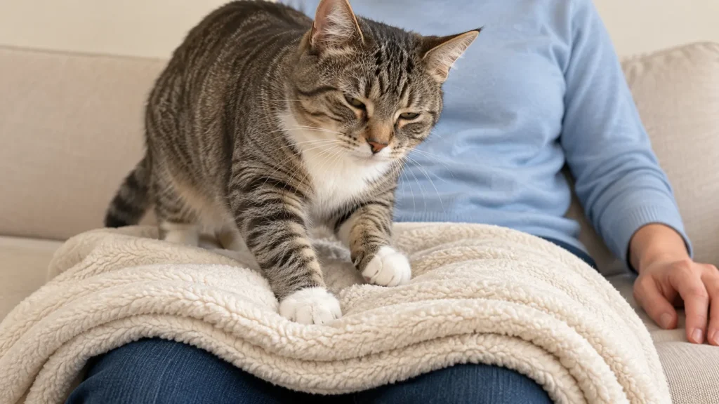 Gato tigrado cinza e branco com as patas dianteiras sobre uma manta grossa dobrada no colo de uma pessoa