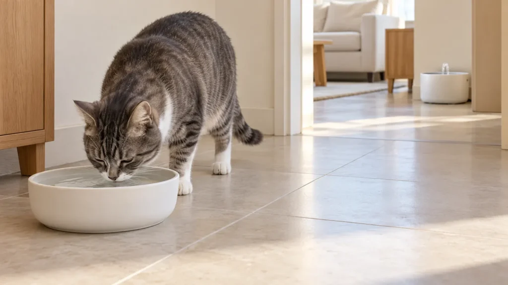 Gato tigrado cinza e branco bebendo em uma tigela de água, com uma fonte em outro cômodo da casa ao fundo