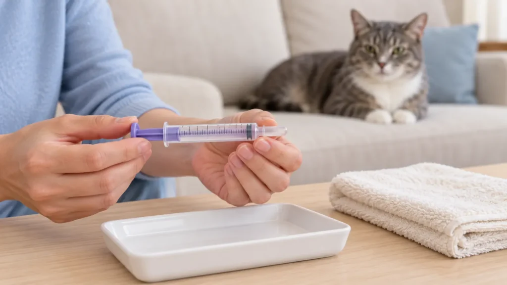 Mãos segurando uma seringa oral sem agulha sobre uma bandeja limpa, com uma toalha dobrada ao lado e um gato ao fundo