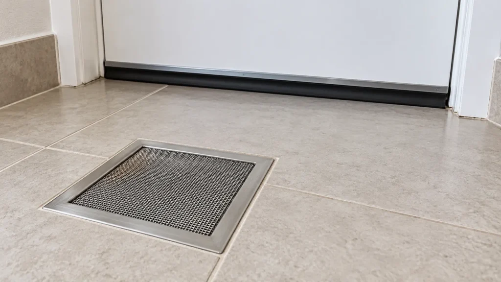 Ralo de piso protegido por tela metálica fina próximo a uma porta fechada com vedação de borracha na base