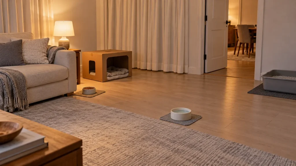Sala com cortinas fechadas, caixa de papelão com manta, tigelas de comida e água em pontos separados e caixa de areia afastada