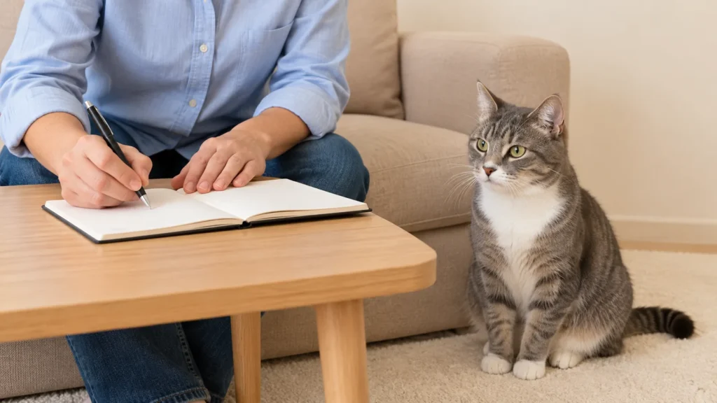 Pessoa escreve em um caderno sobre uma mesa enquanto um gato tigrado cinza e branco está sentado ao lado.